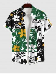 Plus Size Flower Colorblock Print Hawaii Button Pocket Shirt For Men -  
