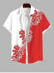 Plus Size Two Tone Colorblock Flowers Print Buttons Pocket Hawaii Shirt For Men -  