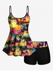 Coconut Tree Tie Dye Ombre Sun Print Boyleg Hawaii Tankini Swimsuit(Adjustable Shoulder Strap) -  