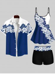 Tenue de Plage Contrastante Imprimé Plante Tropicale et Feuille Tropicale Grande Taille pour Femme - Bleu 