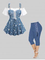 Daisy Flower Print Ruffles Lace Up T-shirt and Denim 3D Printed Capri Leggings Plus Size Summer Outfit -  