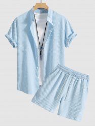 Men's Matching Two Piece Co Ord Solid Color Textured Button Up Short Sleeves Shirt and Drawstring Casual Shorts Set -  