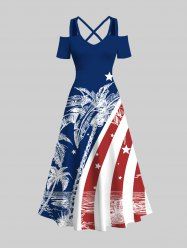 Plus Size Patriotic American Flag Coconut Tree Print Crisscross Cold Shoulder Maxi Dress -  