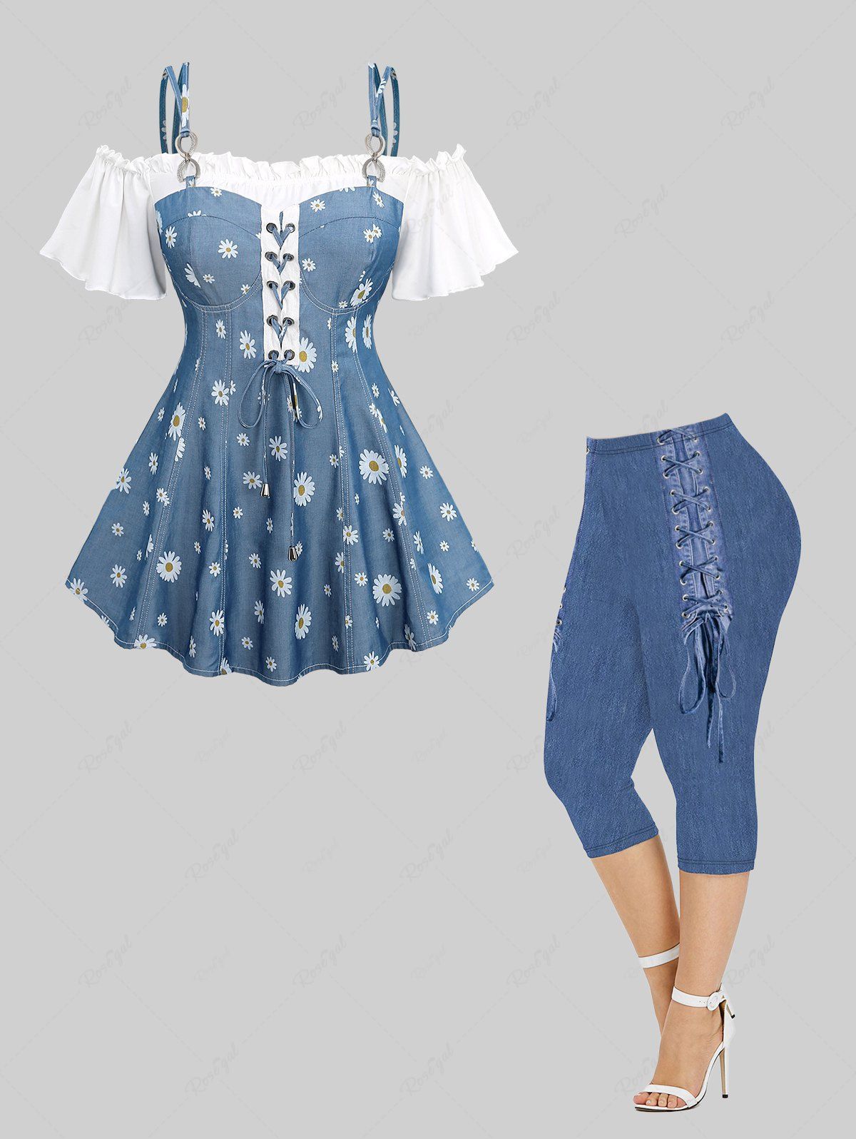 Daisy Flower Print Ruffles Lace Up T-shirt and Denim 3D Printed Capri Leggings Plus Size Summer Outfit