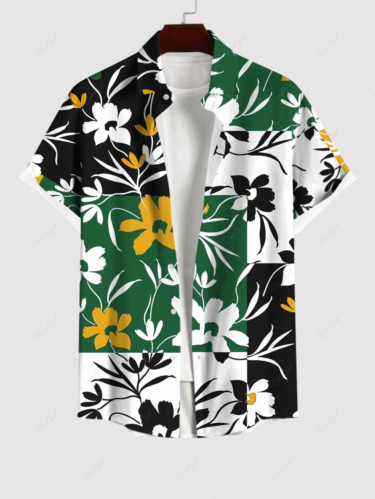 Discount Plus Size Flower Colorblock Print Hawaii Button Pocket Shirt For Men  