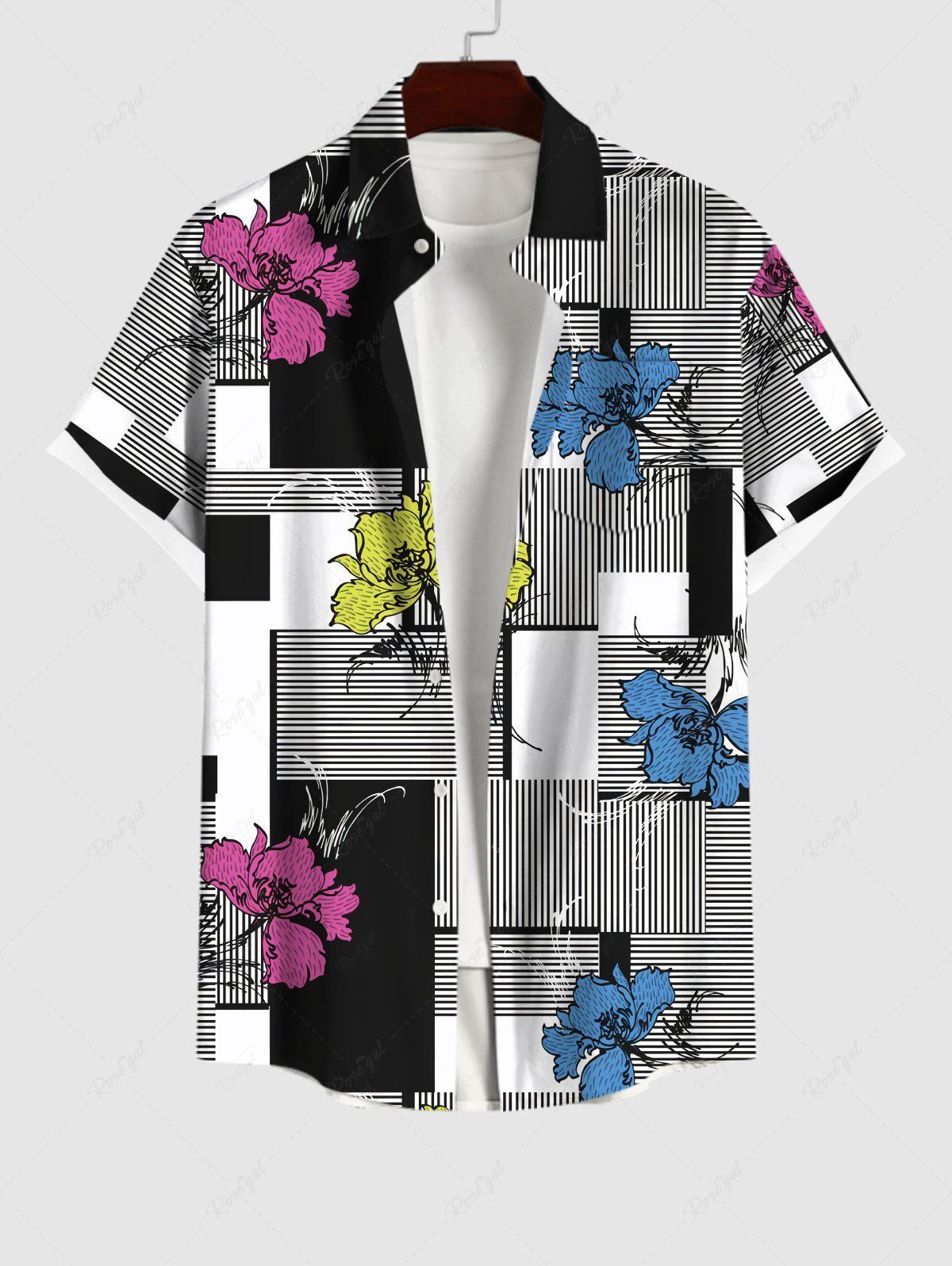 Online Plus Size Flower Striped Colorblock Scarf Graphic Print Hawaii Button Pocket Shirt For Men  