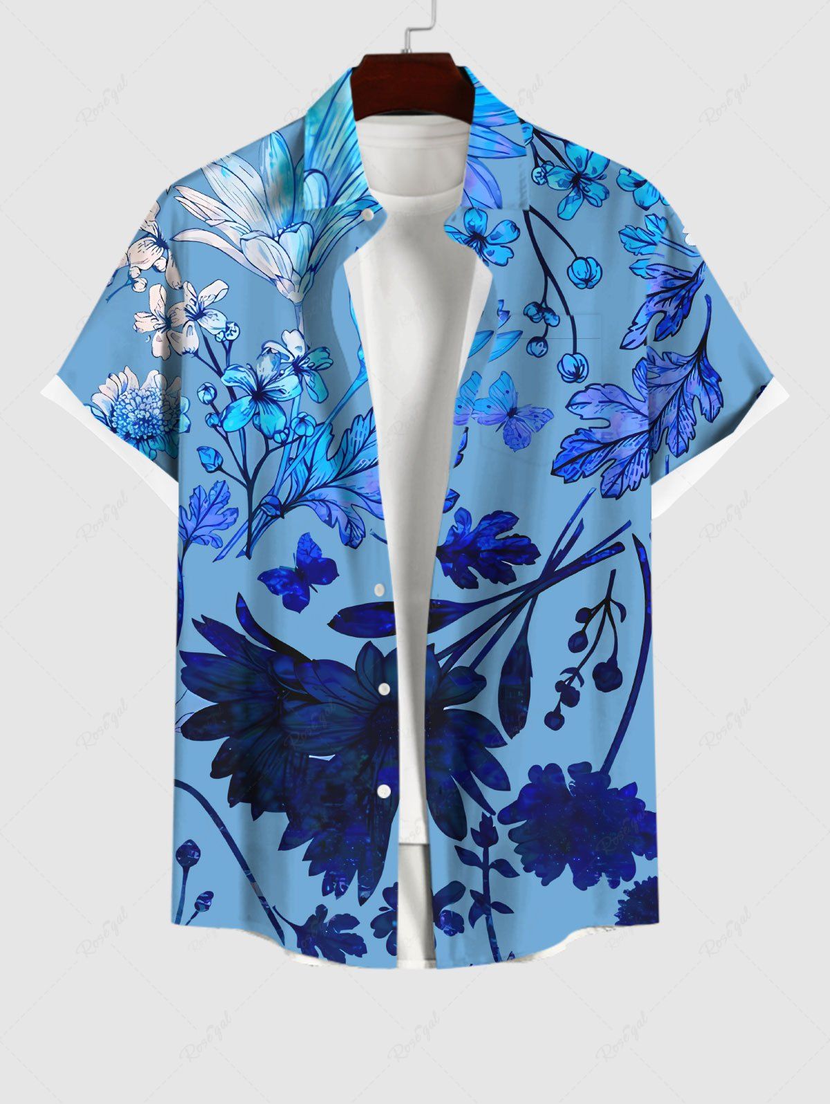 Store Plus Size Flower Leaf Print Hawaii Ombre Buttons Pocket Shirt For Men  