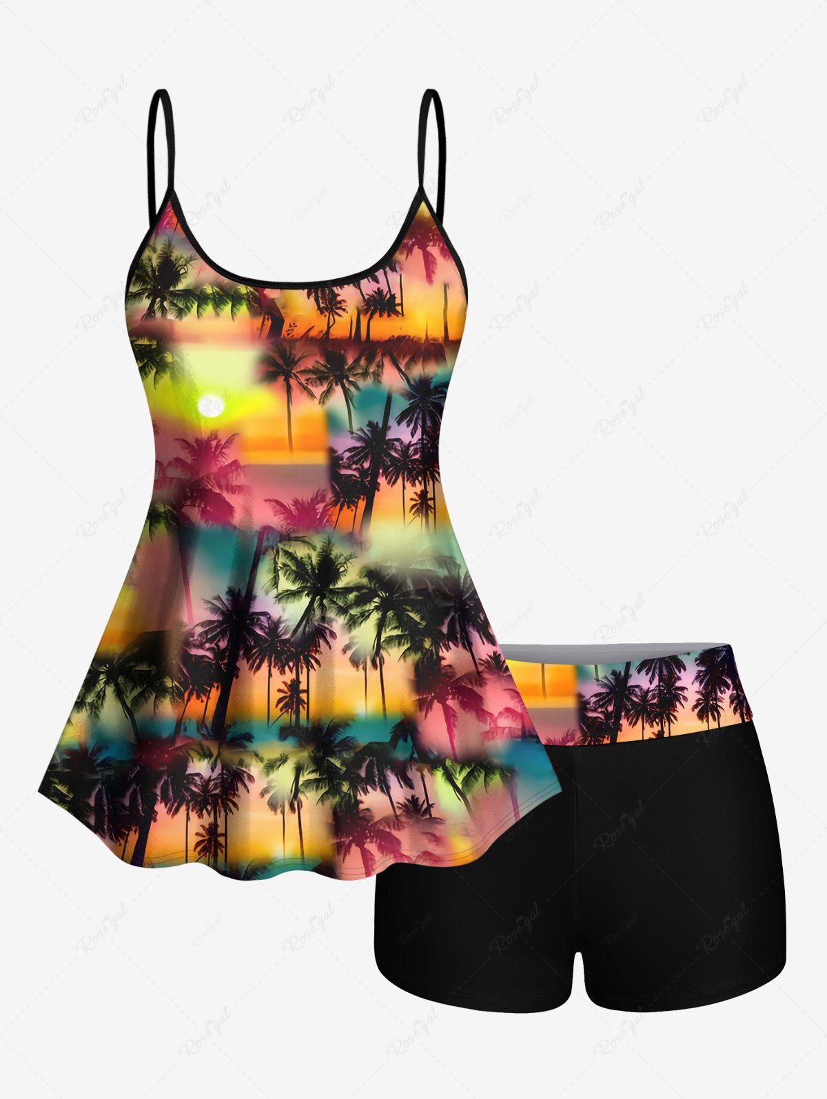 Latest Coconut Tree Tie Dye Ombre Sun Print Boyleg Hawaii Tankini Swimsuit(Adjustable Shoulder Strap)  