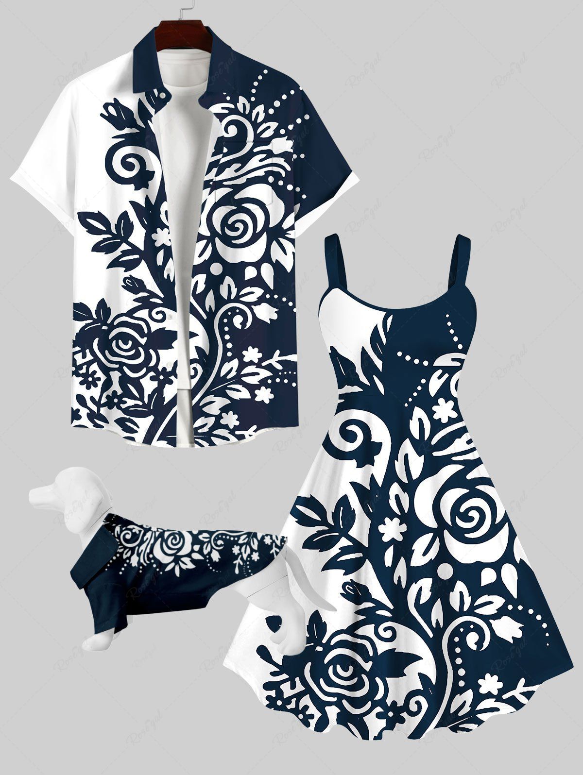 Fancy Two Tone Curve Flowers Leaf Print Hawaii Dog and Owner Matching Outfits  