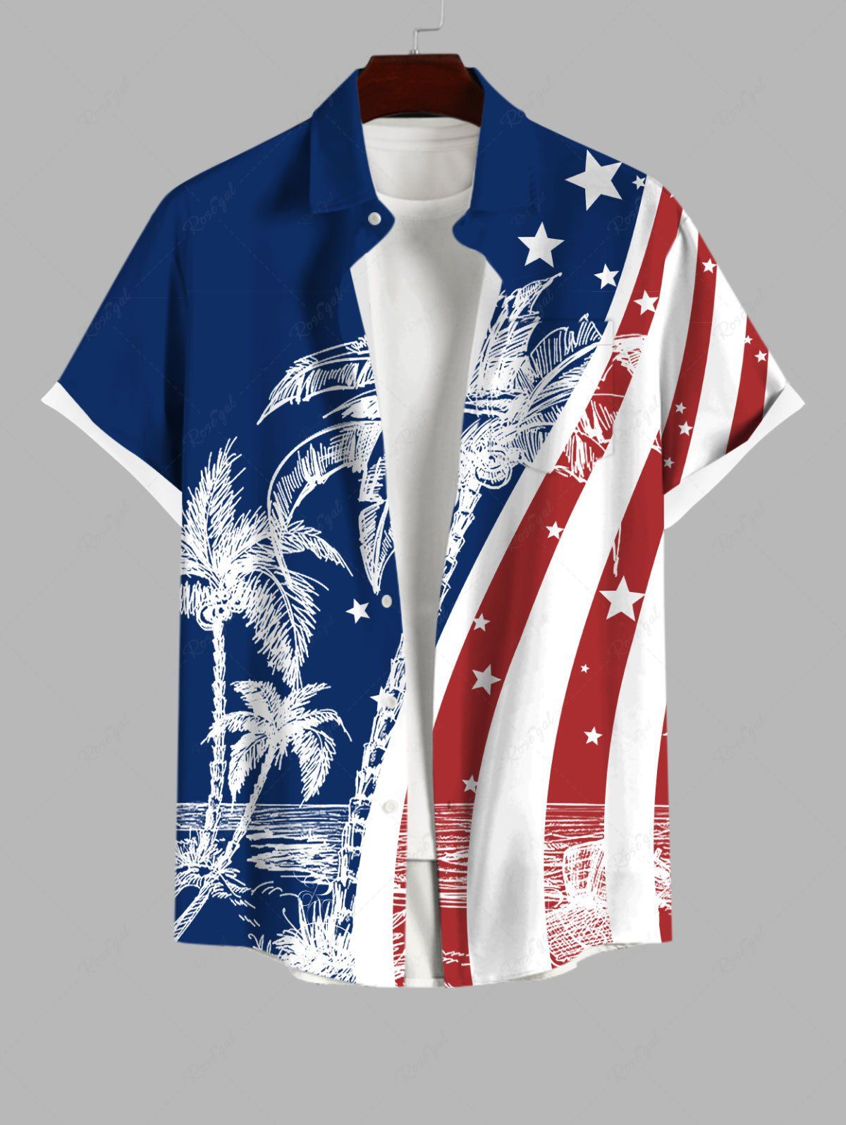 Discount Plus Size Patriotic American Flag Coconut Tree Print Buttons Pocket Shirt For Men  