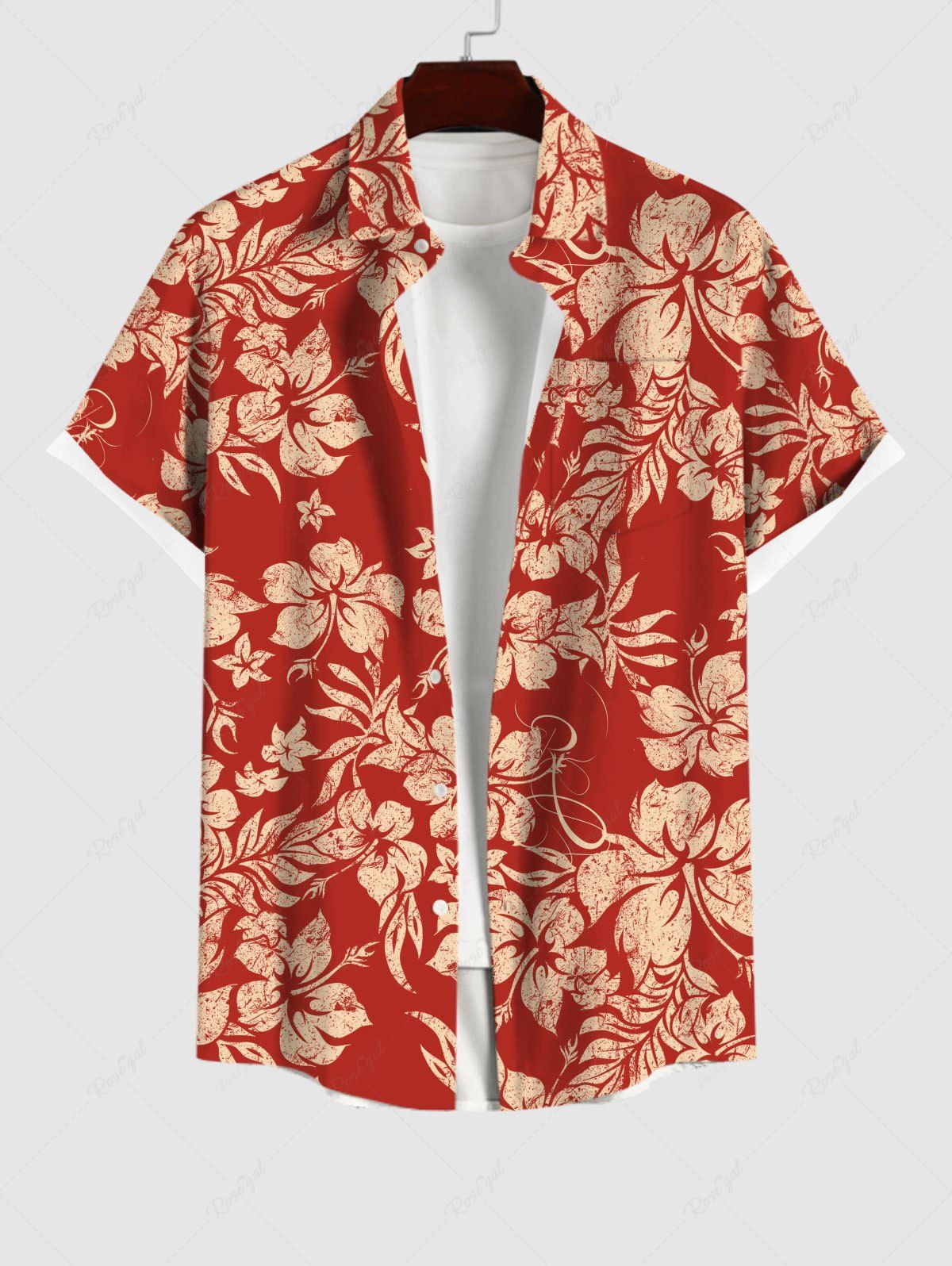 Online Plus Size Tropical Leaf Flowers Print Buttons Pocket Hawaii Shirt For Men  