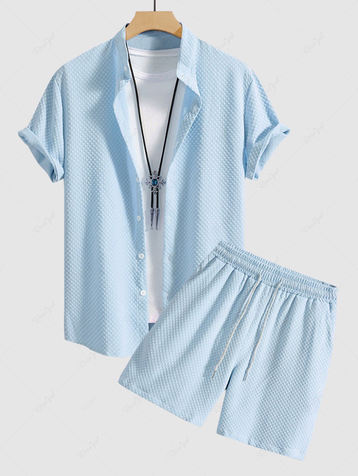 Fashion Men's Matching Two Piece Co Ord Solid Color Textured Button Up Short Sleeves Shirt and Drawstring Casual Shorts Set  