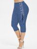 Daisy Flower Print Ruffles Lace Up T-shirt and Denim 3D Printed Capri Leggings Plus Size Summer Outfit -  