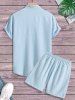Men's Matching Two Piece Co Ord Solid Color Textured Button Up Short Sleeves Shirt and Drawstring Casual Shorts Set -  