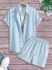 Men's Matching Two Piece Co Ord Solid Color Textured Button Up Short Sleeves Shirt and Drawstring Casual Shorts Set -  