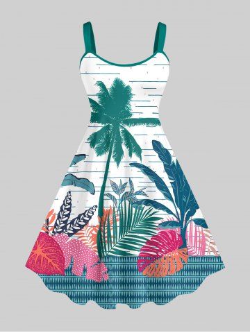 Plus Size Tropical Leaf Coconut Tree Line Print Hawaii Backless A Line Tank Dress - MULTI-A - L