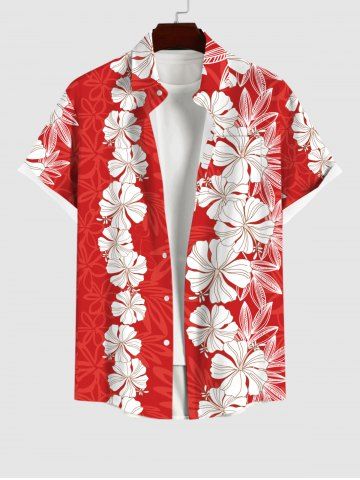 Plus Size Tropical Flowers Wreath Print Buttons Pocket Hawaii Shirt For Men - RED - 3XL