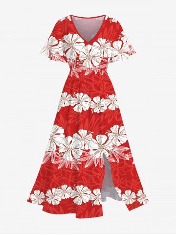 Robe Mi-Longue Fendue Fleur Tropicale Imprimée de Grande Taille - RED - 1X