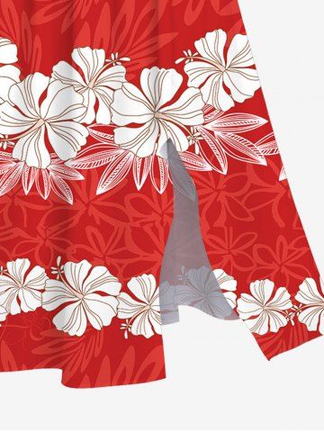 Plus Size Tropical Flowers Wreath Print Hawaii Split Midi Dress