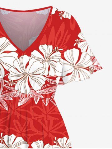 Plus Size Tropical Flowers Wreath Print Hawaii Split Midi Dress