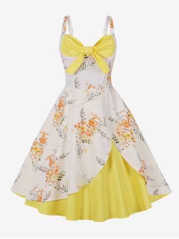 Flowers Leaf Print Tulip Hem Layered Bowknot Panel Tank Vintage Dress - YELLOW - S