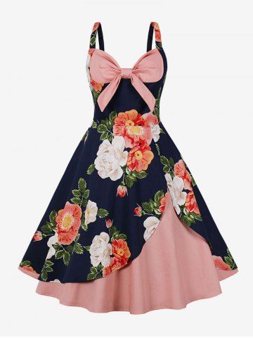 Flowers Leaf Print Tulip Hem Layered Bowknot Panel Tank Vintage Dress - BLUE - S