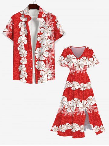 Tropical Flowers Wreath Print Plus Size Matching Hawaii Beach Outfit For Couples - RED