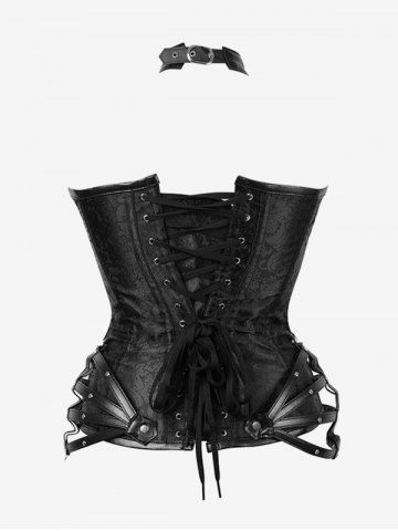Gothic Halter Crisscross PU Leather Strappy Brocade Corset