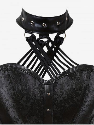 Gothic Halter Crisscross PU Leather Strappy Brocade Corset