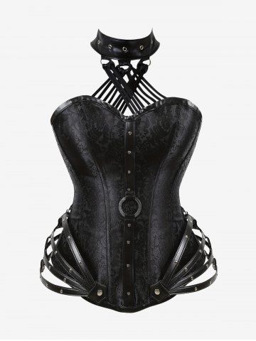 Gothic Halter Crisscross PU Leather Strappy Brocade Corset