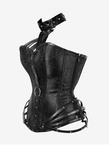Gothic Halter Crisscross PU Leather Strappy Brocade Corset