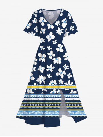 Plus Size Floral Striped Print Hawaii Split Pocket A Line Midi Dress - MIDNIGHT BLUE - 5X