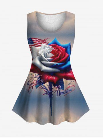 Plus Size Patriotic American Flag Rose Flower Cloud Print Floral Lace Back Tank Top - MULTI-A - M