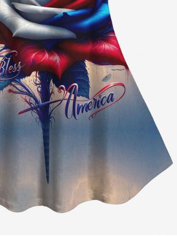 Plus Size Patriotic American Flag Rose Flower Cloud Print Floral Lace Back Tank Top