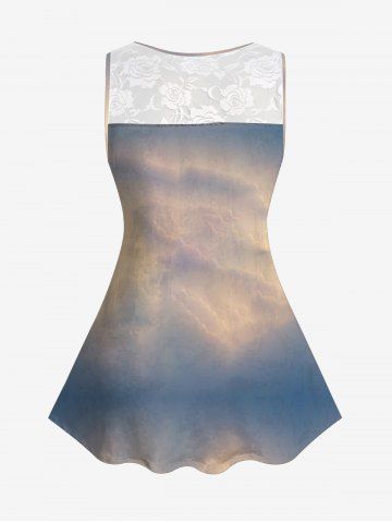 Plus Size Patriotic American Flag Rose Flower Cloud Print Floral Lace Back Tank Top