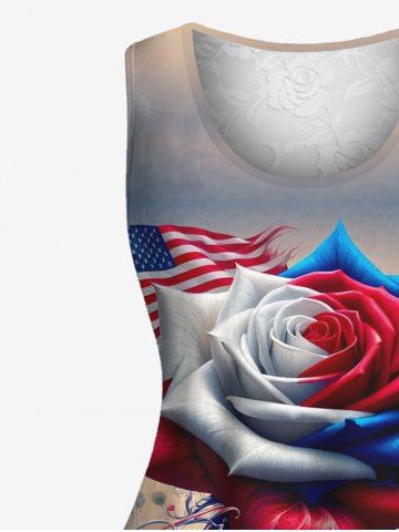 Plus Size Patriotic American Flag Rose Flower Cloud Print Floral Lace Back Tank Top