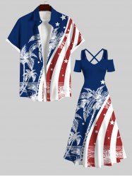 Patriotic American Flag Coconut Tree Print Plus Size Matching Outfit For Couples -  