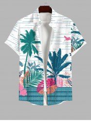 Plus Size Tropical Leaf Coconut Tree Line Print Hawaii Button Pocket Shirt For Men -  