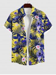 Plus Size Tropical Leaf Flowers Print Buttons Pocket Hawaii Shirt For Men -  