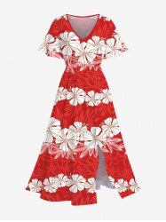 Plus Size Tropical Flowers Wreath Print Hawaii Split Midi Dress -  