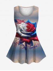 Plus Size Patriotic American Flag Rose Flower Cloud Print Floral Lace Back Tank Top -  