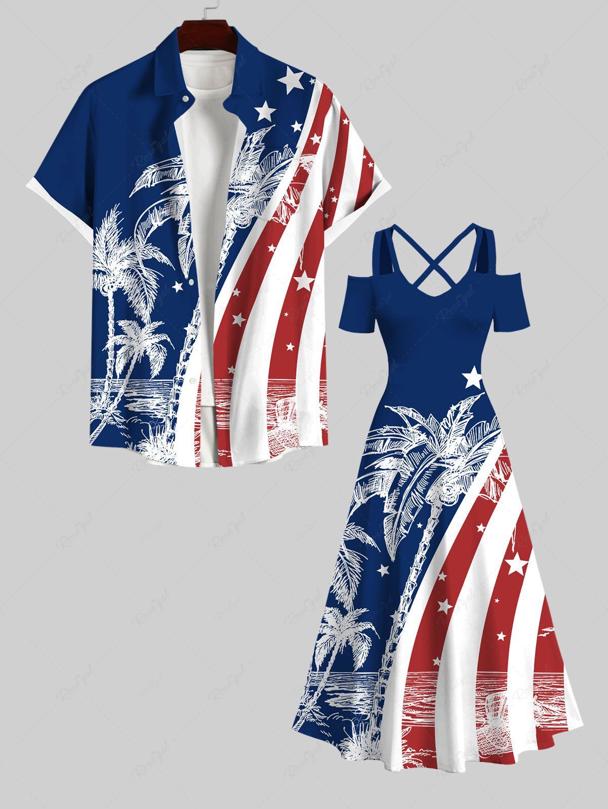 Unique Patriotic American Flag Coconut Tree Print Plus Size Matching Outfit For Couples  