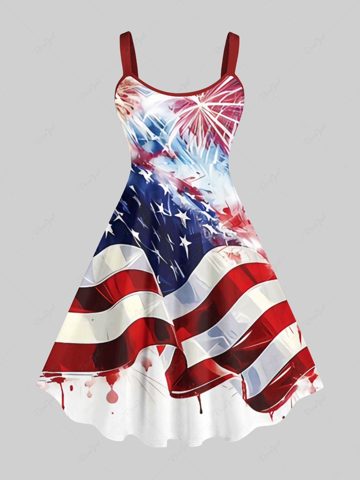 Fancy Plus Size Fireworks Painting Splatter American Flag Print Backless A Line Tank Dress  