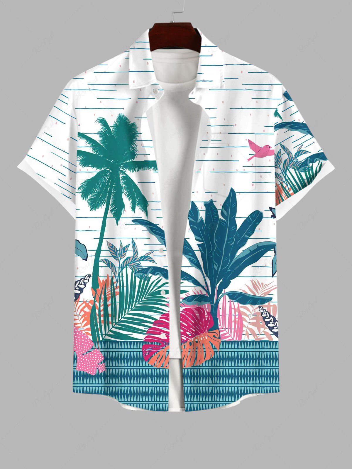 Shop Plus Size Tropical Leaf Coconut Tree Line Print Hawaii Button Pocket Shirt For Men  
