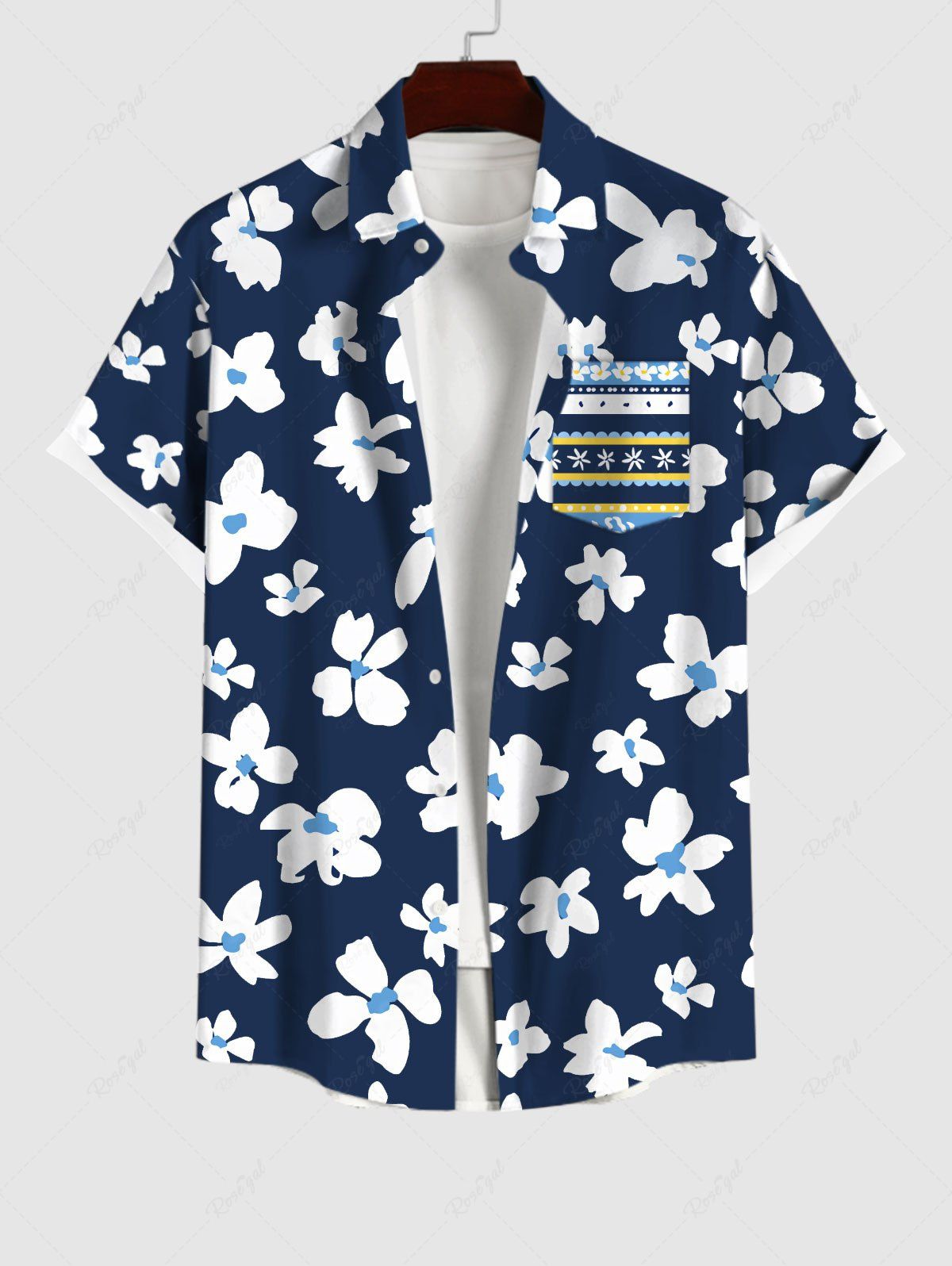 Online Plus Size Floral Striped Print Hawaii Button Pocket Shirt For Men  