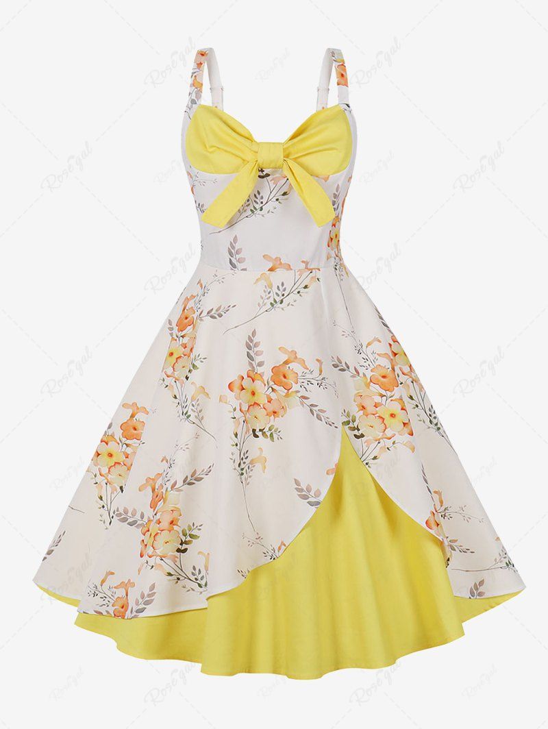 Trendy Flowers Leaf Print Tulip Hem Layered Bowknot Panel Tank Vintage Dress  