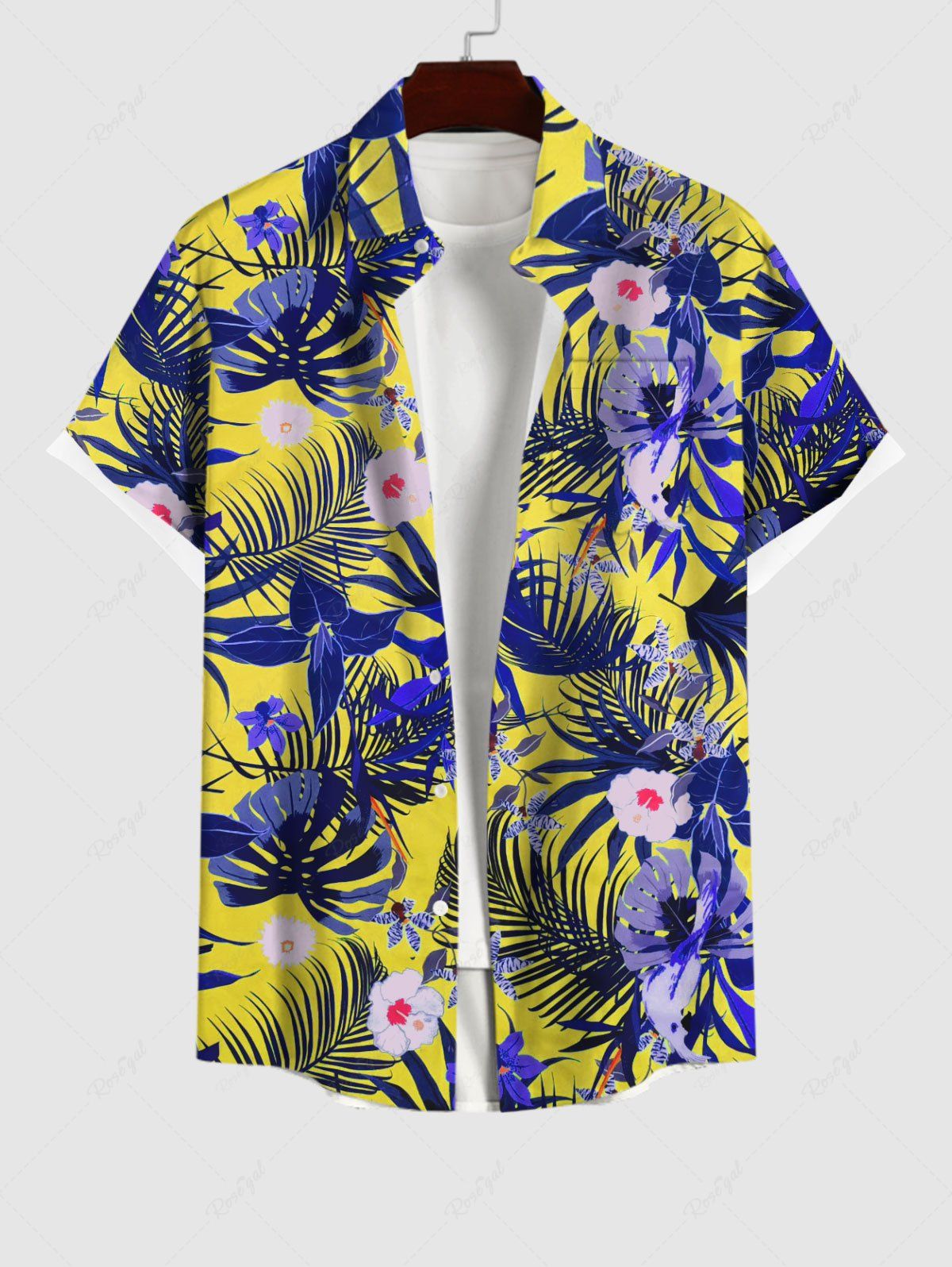 Shop Plus Size Tropical Leaf Flowers Print Buttons Pocket Hawaii Shirt For Men  