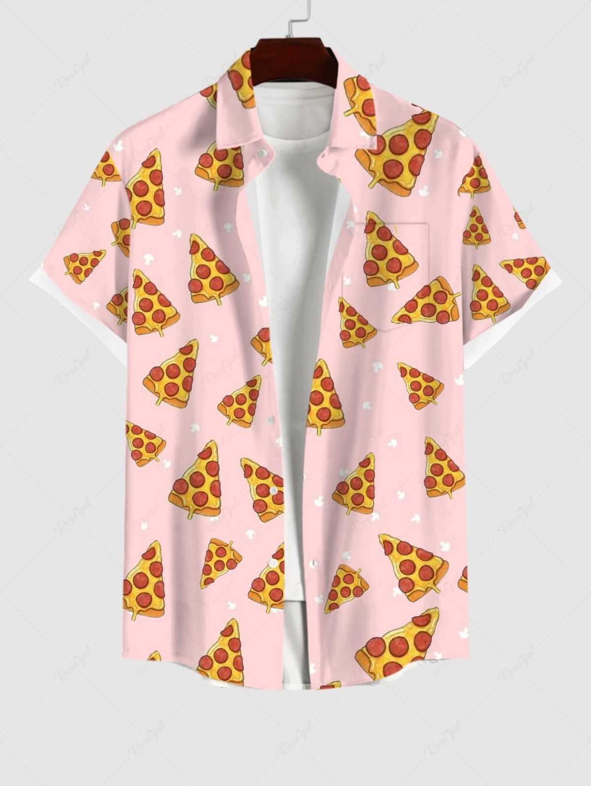 New Plus Size Pizza Print Button Pocket Shirt For Men  