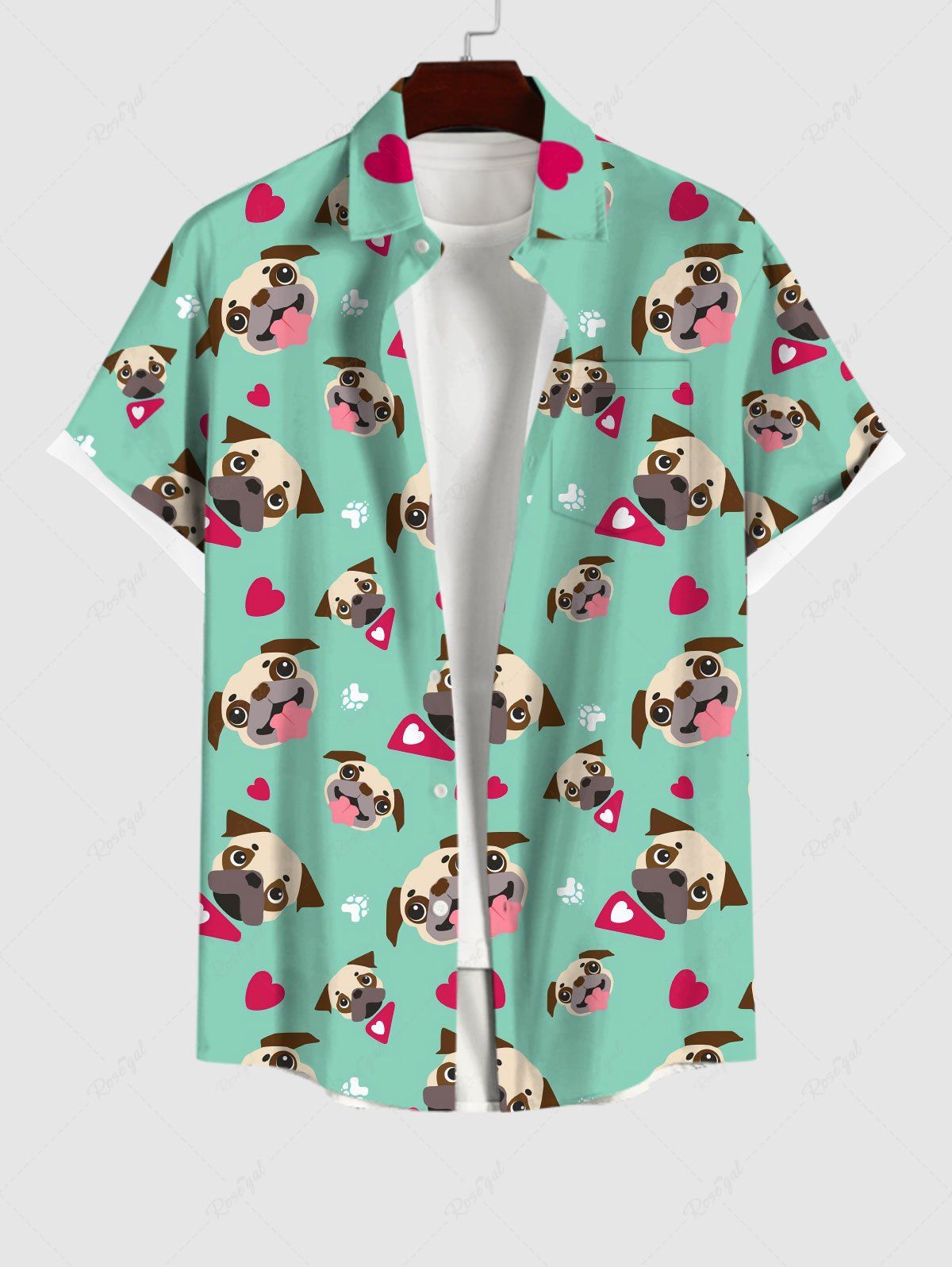 Trendy Plus Size Cute Dog Heart Paw Print Button Pocket Shirt For Men  