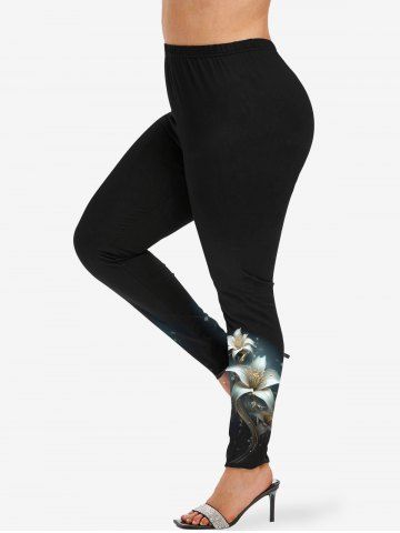 Legging 3D Fleur Imprimée de Grande Taille à Paillettes - BLACK - 5X